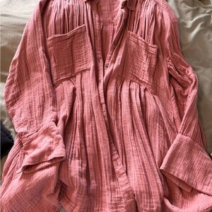 Relaxed Pink Button Down Shirt with Mandarin Collar Free People